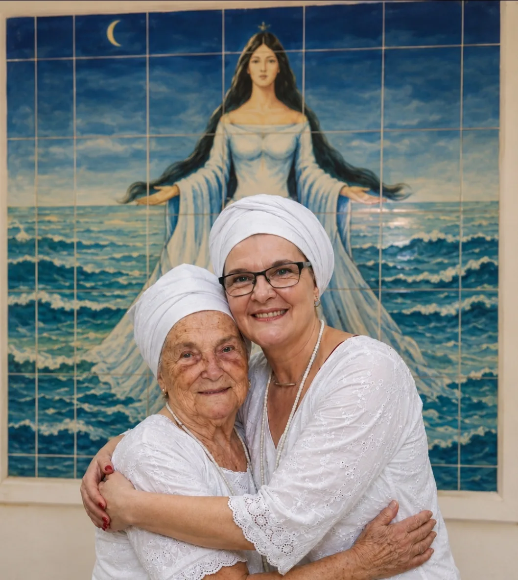Kátia e Marina vestidas de branco em abraço afetivo